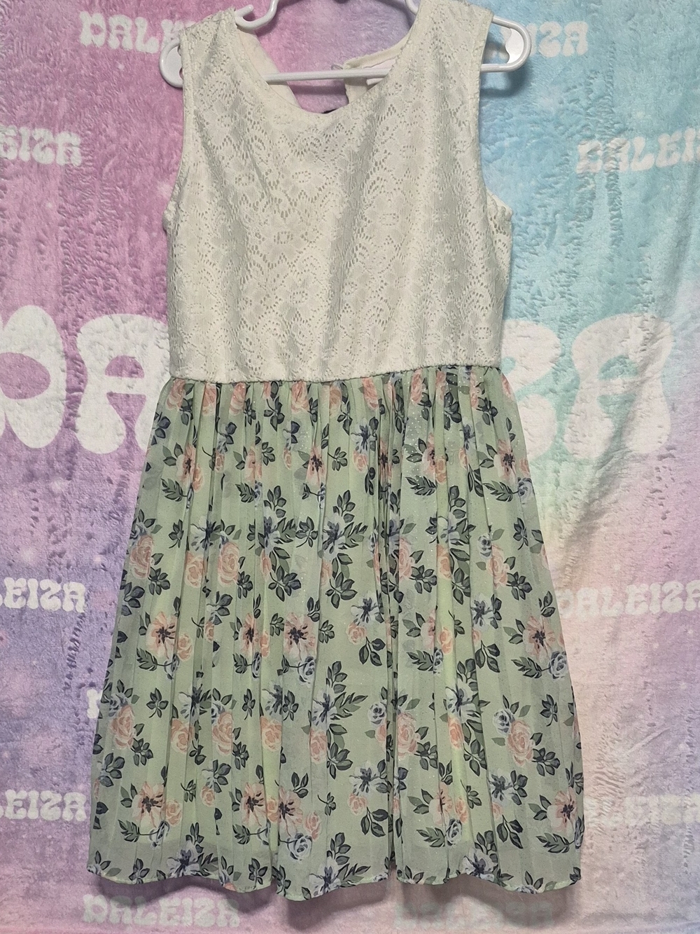 Little Lass Cream Lace Bodice Mint Green Floral Skirt Dress